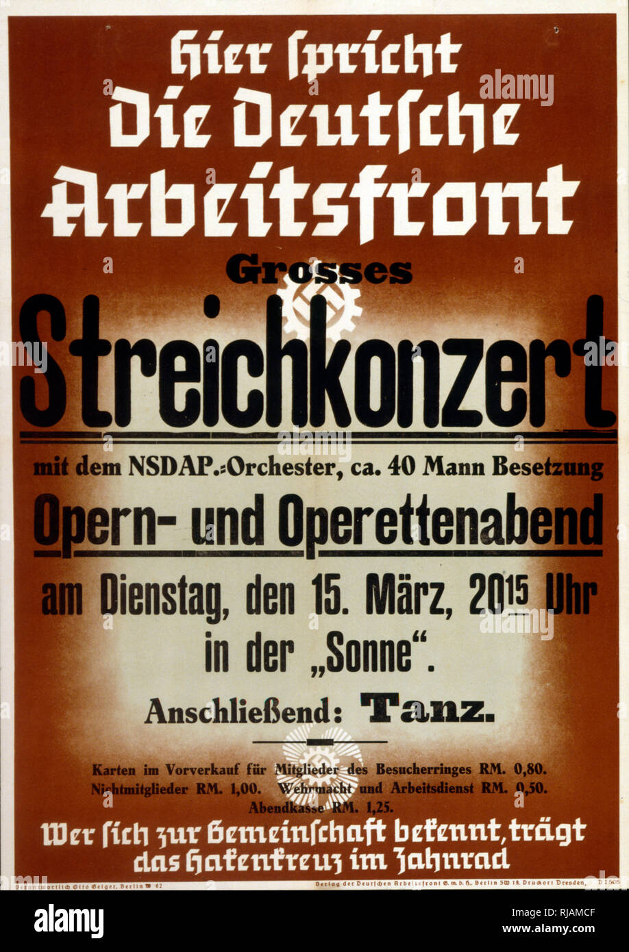 Poster for a Nazi Party sponsored concert of Operatic arias and dance; 1941 Stock Photo