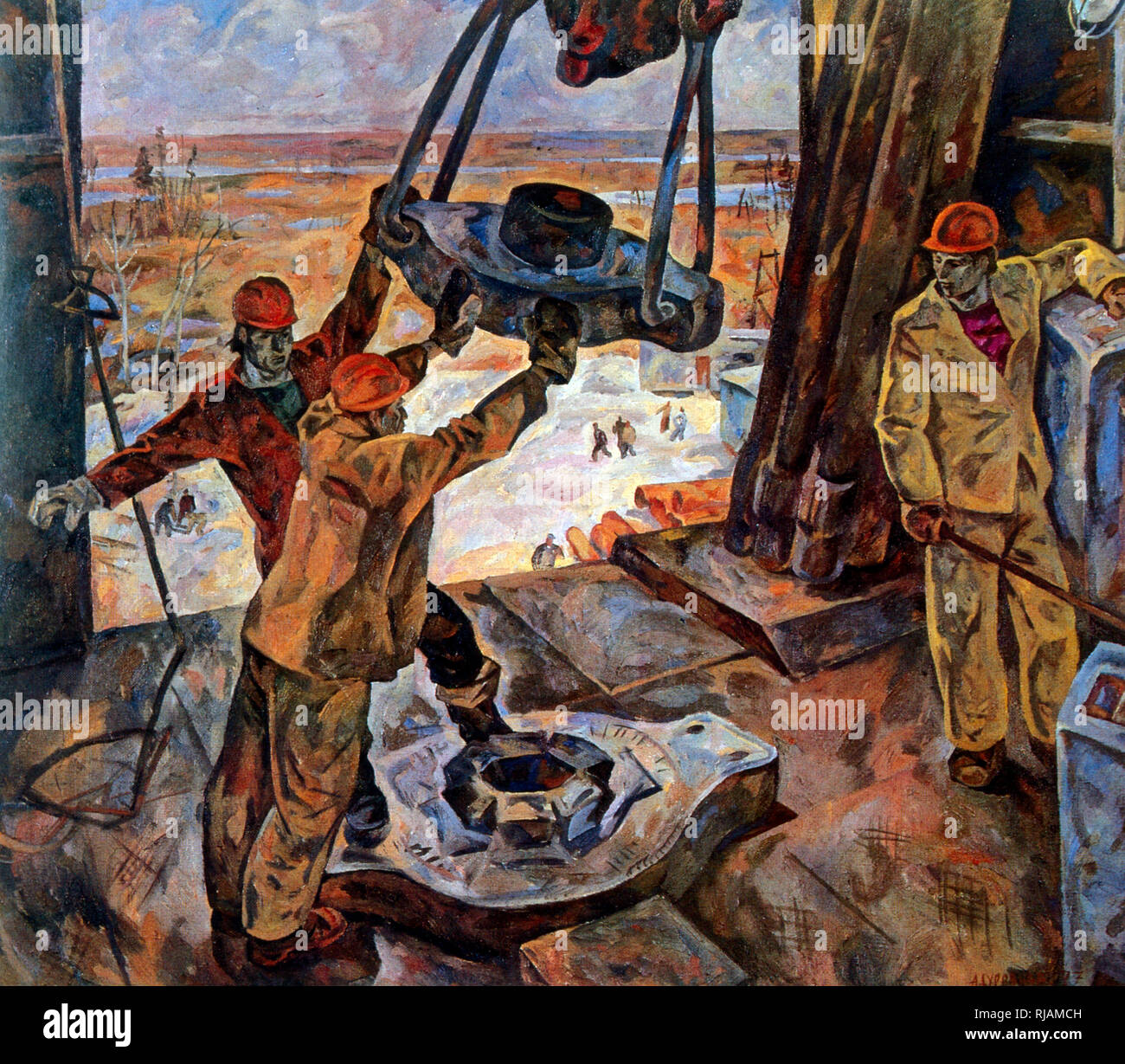 Siberian Petroleum extraction; 1977, by Andrey Petrovich Surovtsev Soviet and later Russian painter, 1931-2006. Stock Photo