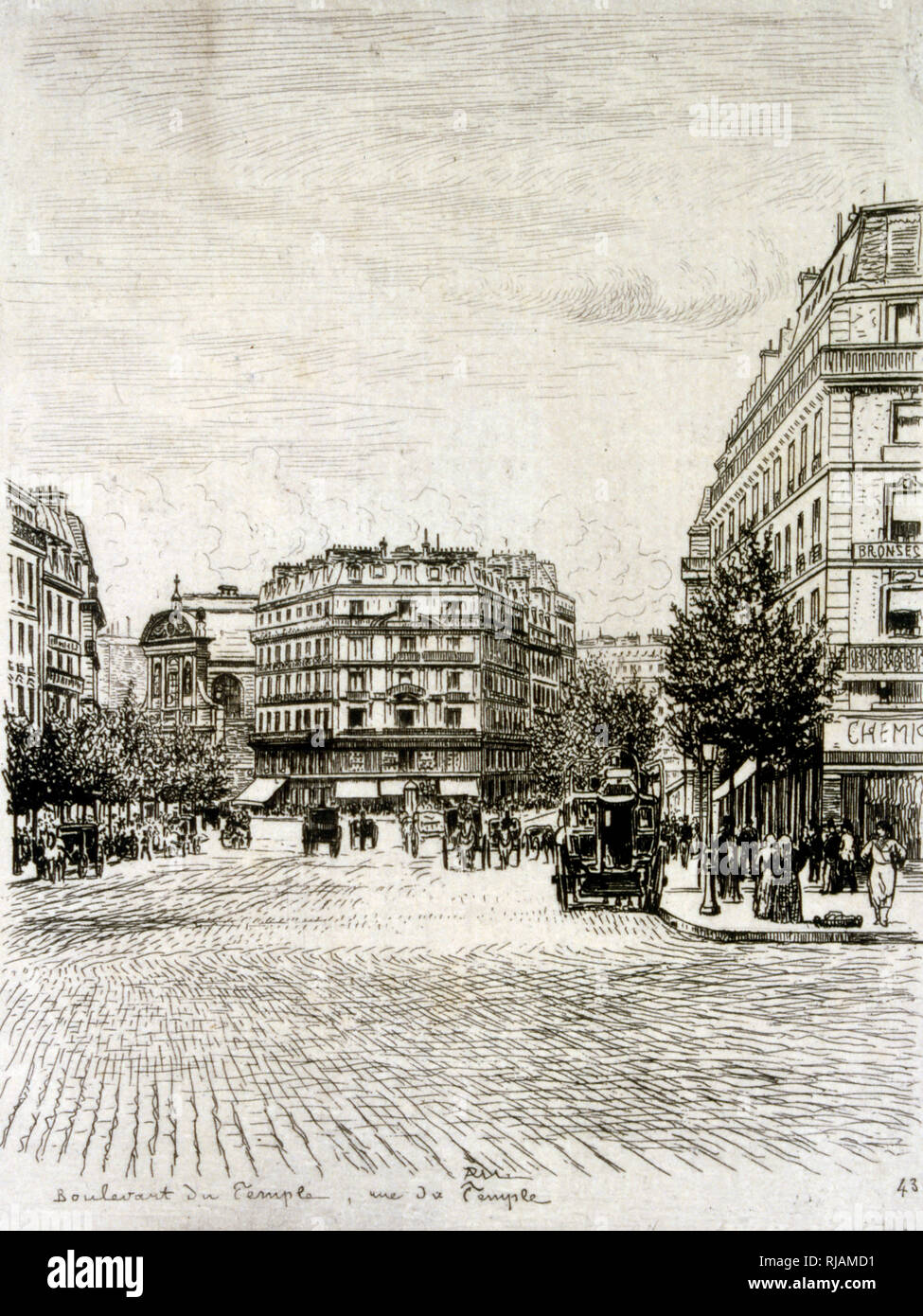 19th century illustration showing The Boulevard du Temple, Paris, France. Circa 1895 Stock Photo