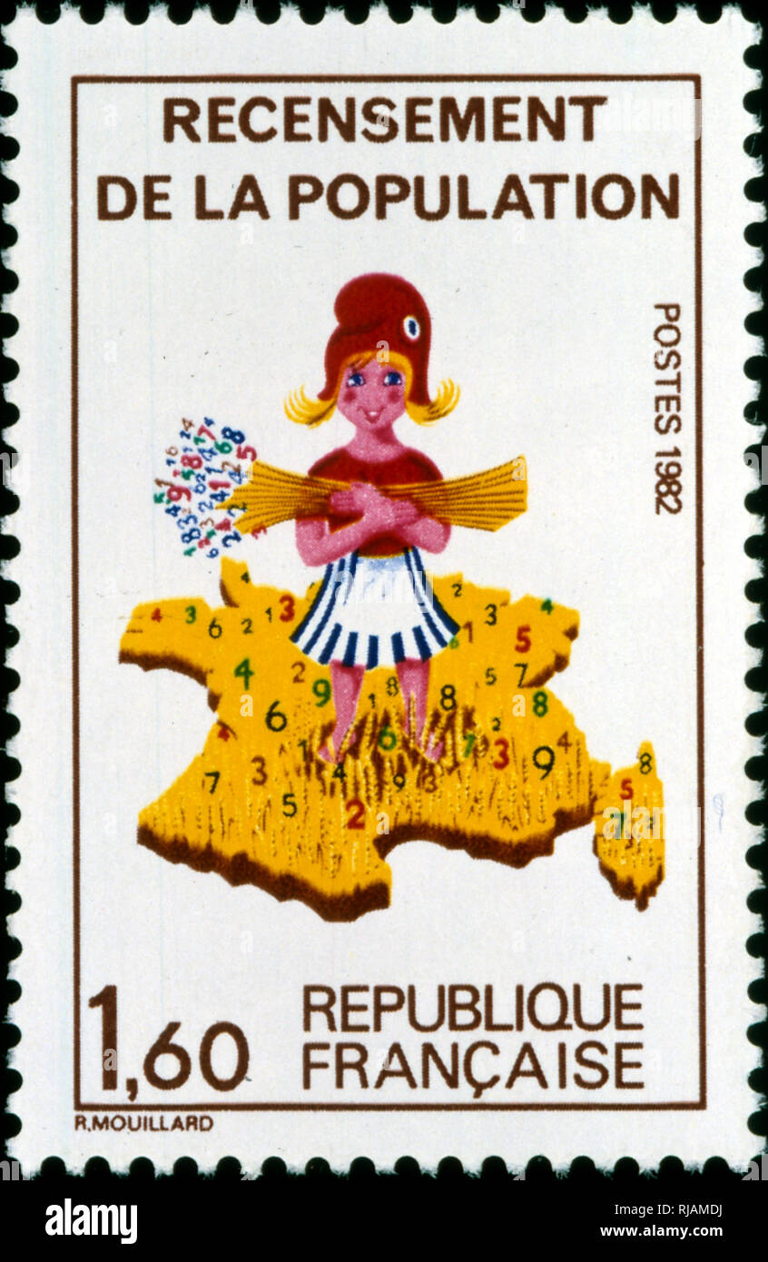 French postage stamp marking the 1982 National Population Census in France Stock Photo