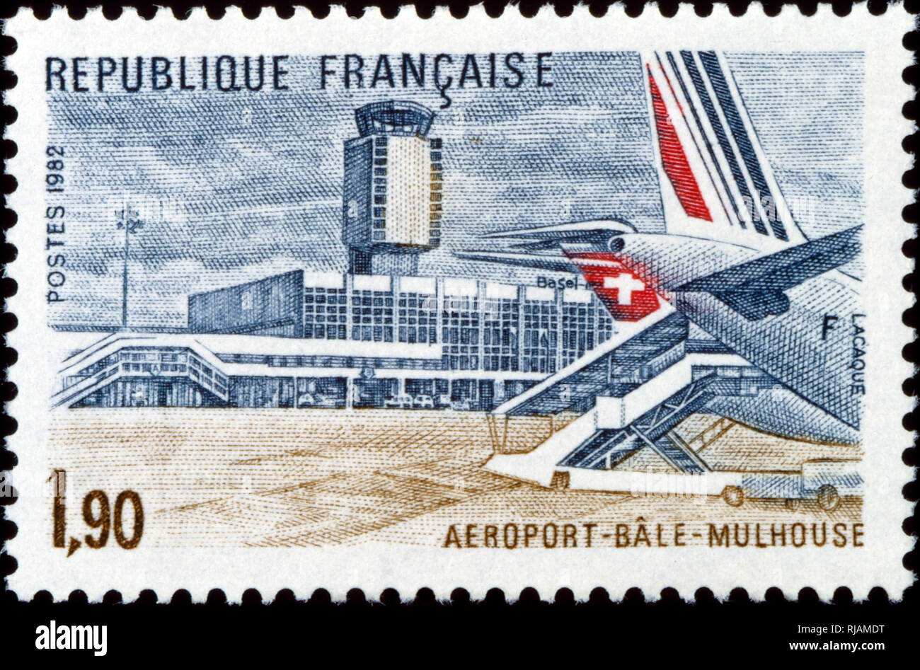 1982, French postage stamp depicting the Euro Airport Basel Mulhouse Freiburg, an international airport, northwest of the city of Basel, Switzerland Stock Photo
