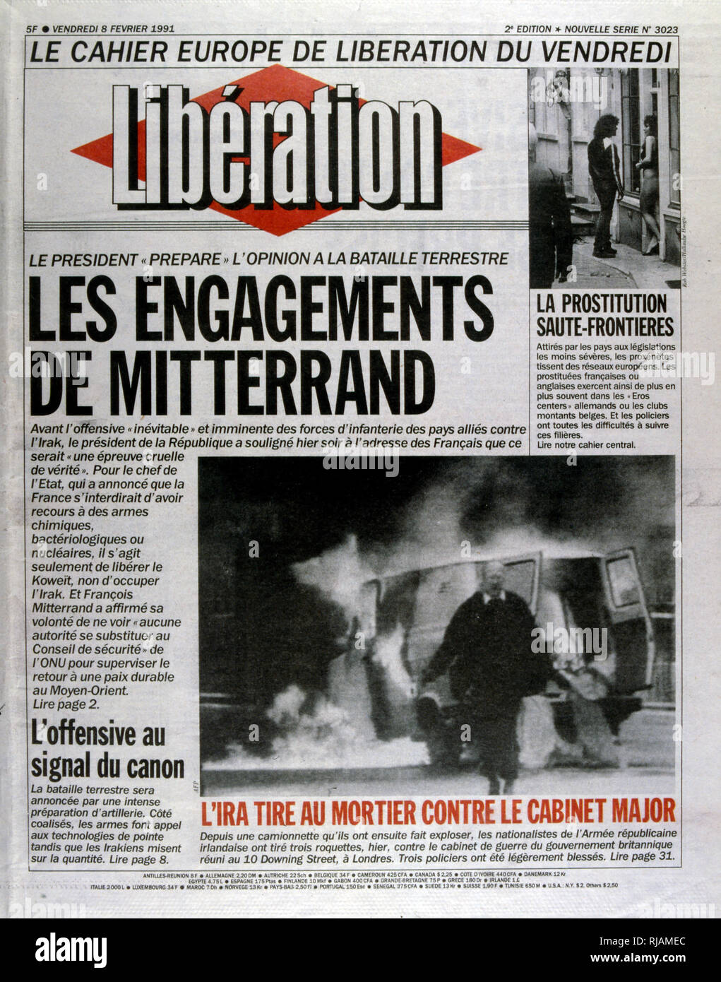 President Mitterrand outlines his position on the Gulf War 1991 Front page of the French newspaper 'Liberation' 6th February 1991. The Gulf War (2 August 1990 - 28 February 1991), codenamed Operation Desert Shield and Operation Desert Storm, was a war waged by coalition forces from 35 nations led by the United States against Iraq in response to Iraq's invasion and annexation of Kuwait. Stock Photo