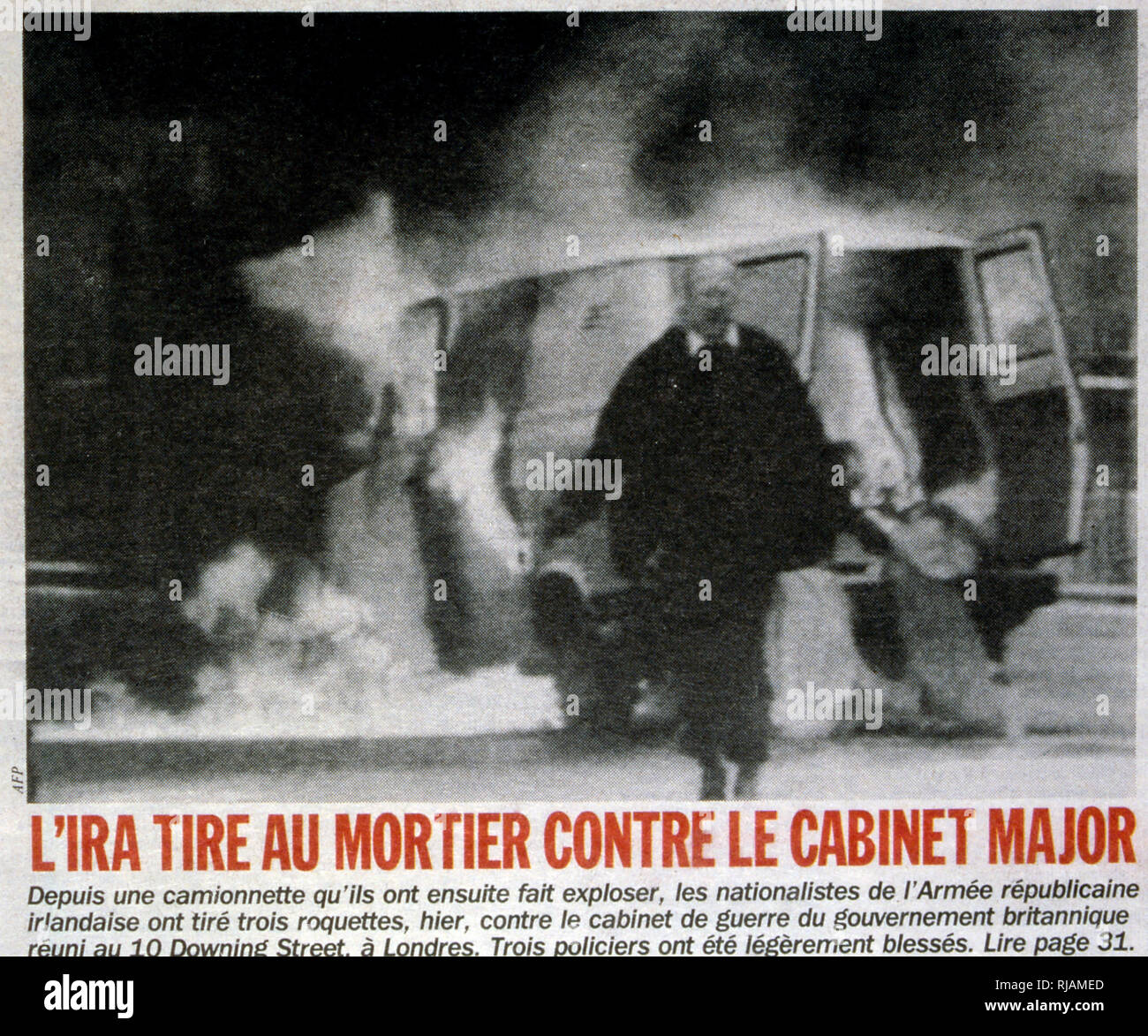Front page of the French newspaper 'Liberation' 6th February 1991. The Downing Street mortar attack was carried out by the Provisional Irish Republican Army (IRA) on 7 February 1991. The IRA launched homemade mortar shells at 10 Downing Street, London, the official residence of the Prime Minister of the United Kingdom. It was an attempt to assassinate Prime Minister John Major and his War Cabinet, who were meeting to discuss the Gulf War. One of the heavy mortar shells exploded in the back garden of number 10, only yards from the cabinet office. Due to the bomb-proof windows, none of the cabin Stock Photo