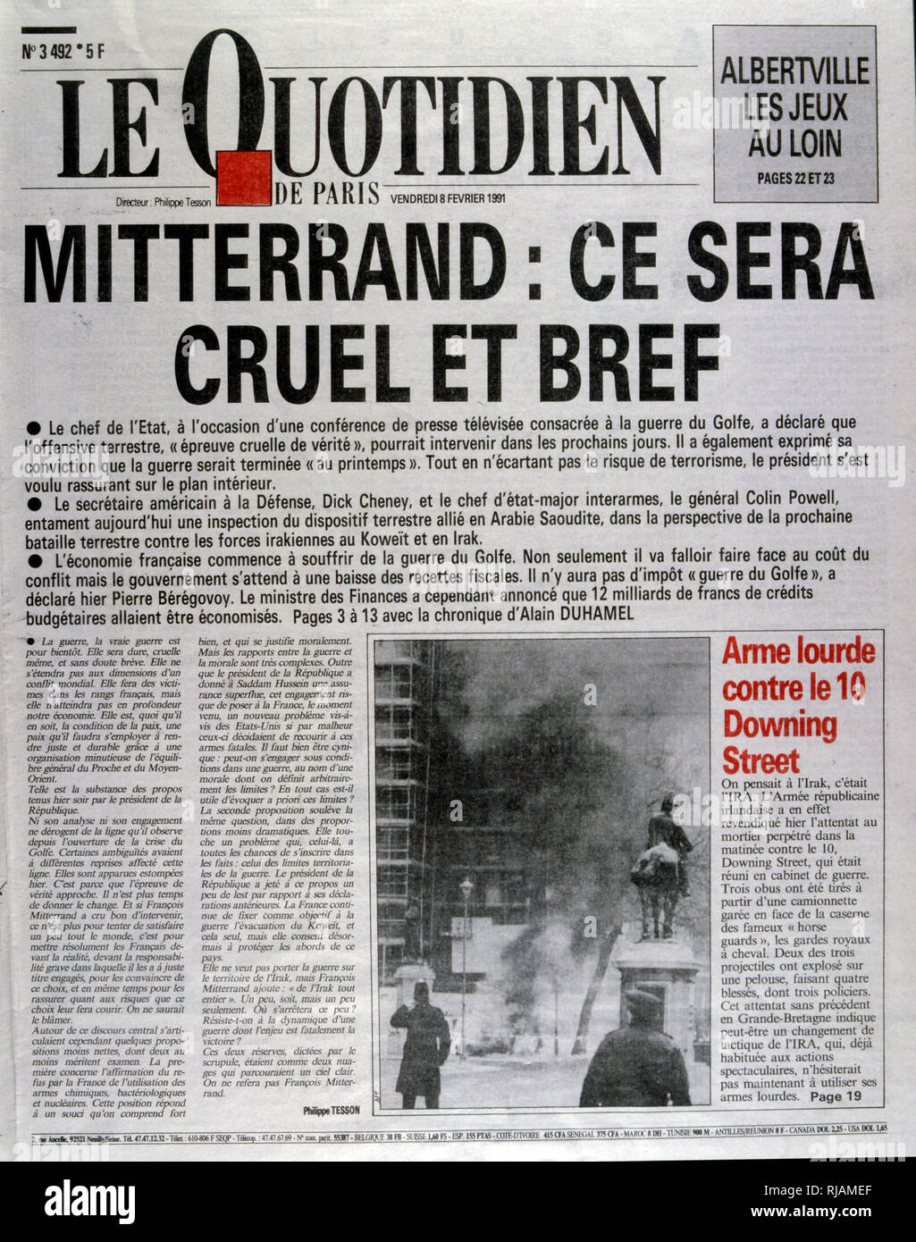 President Mitterrand outlines his position on the Gulf War 1991 Front page of the French newspaper 'Le Quotidien' 8th February 1991. The Gulf War (2 August 1990 - 28 February 1991), codenamed Operation Desert Shield and Operation Desert Storm, was a war waged by coalition forces from 35 nations led by the United States against Iraq in response to Iraq's invasion and annexation of Kuwait. Stock Photo