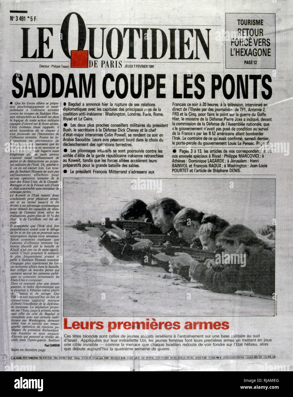 Report on the on the Gulf War 1991 Front page of the French newspaper 'Le Quotidien' 7th February 1991. The Gulf War (2 August 1990 - 28 February 1991), codenamed Operation Desert Shield and Operation Desert Storm, was a war waged by coalition forces from 35 nations led by the United States against Iraq in response to Iraq's invasion and annexation of Kuwait. Stock Photo