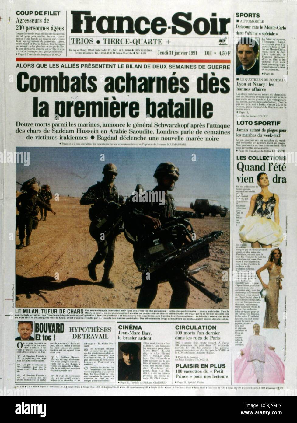 Front Page of the French publication 'France-Soir' reporting on the Gulf War 31st January, 1991. The Gulf War (2 August 1990 - 28 February 1991), codenamed Operation Desert Shield and Operation Desert Storm, was a war waged by coalition forces from 35 nations led by the United States against Iraq in response to Iraq's invasion and annexation of Kuwait. Stock Photo