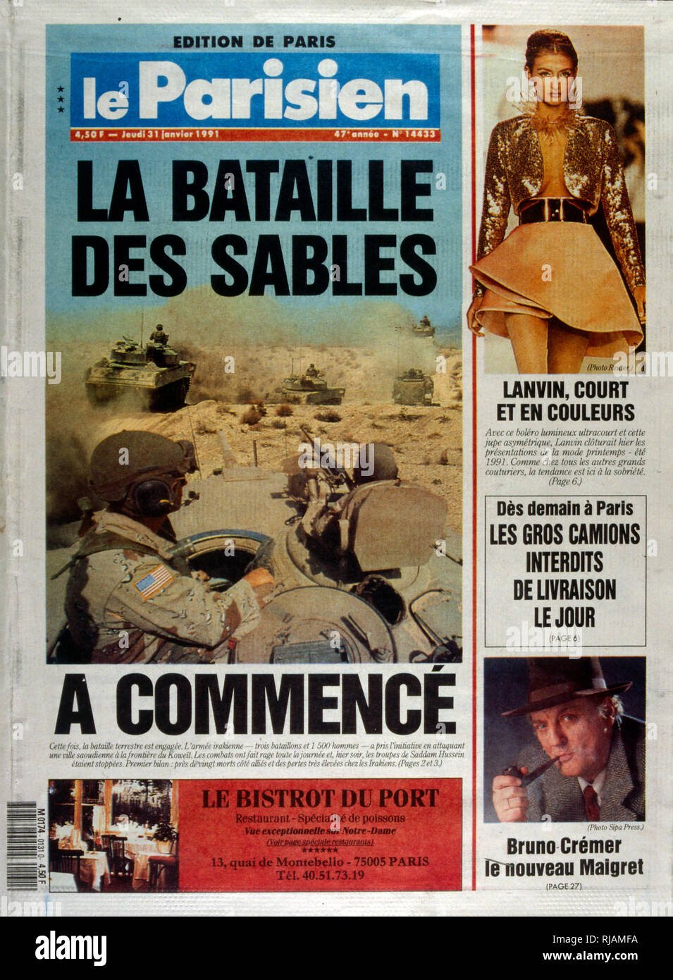 Front Page of the French publication 'Le Parisien' reporting on the Gulf War 31st January, 1991. The Gulf War (2 August 1990 - 28 February 1991), codenamed Operation Desert Shield and Operation Desert Storm, was a war waged by coalition forces from 35 nations led by the United States against Iraq in response to Iraq's invasion and annexation of Kuwait. Stock Photo