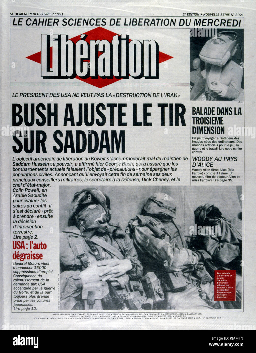Front Page of the French Communist publication 'Liberation' reporting that President Bush targets Saddam Hussein in the Gulf War, 6th February 1991.  The Gulf War (2 August 1990 - 28 February 1991), codenamed Operation Desert Shield and Operation Desert Storm, was a war waged by coalition forces from 35 nations led by the United States against Iraq in response to Iraq's invasion and annexation of Kuwait. Stock Photo