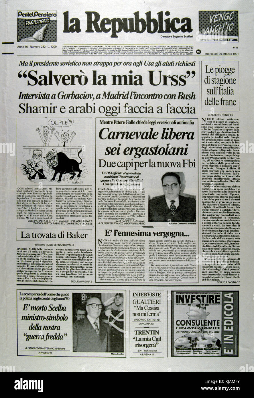 Front Page of the Italian publication 'La Republica' reporting on the Soviet position on the Madrid Conference of 1991;  a peace conference, held from 30 October to 1 November 1991 in Madrid, hosted by Spain and co-sponsored by the United States and the Soviet Union. It was an attempt by the international community to revive the Israeli-Palestinian peace process through negotiations, involving Israel and the Palestinians as well as Arab countries, including Jordan, Lebanon and Syria. Stock Photo