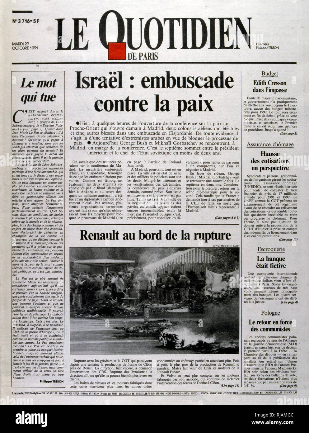 hours before the opening of the Middle East peace conference in Madrid, two Israeli settlers were killed and five others wounded in an ambush in the West Bank. Front Page of the French publication 'Le Quotidien' reporting on the Madrid Conference;  a peace conference, held from 30 October to 1 November 1991 in Madrid, hosted by Spain and co-sponsored by the United States and the Soviet Union. It was an attempt by the international community to revive the Israeli-Palestinian peace process through negotiations, involving Israel and the Palestinians as well as Arab countries, including Jordan, Le Stock Photo