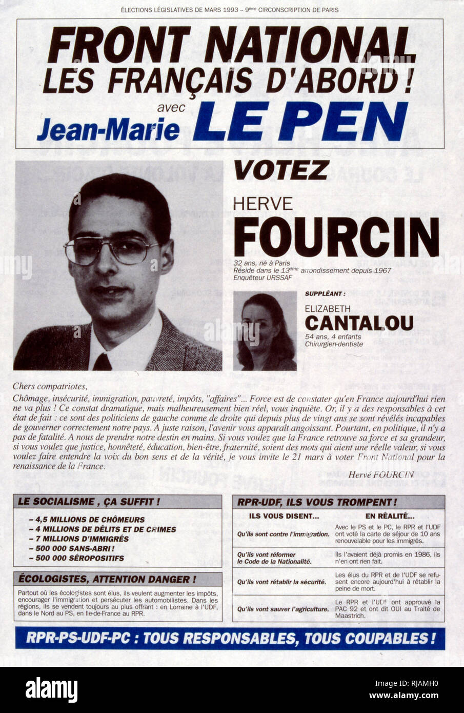 1993 French Election poster for herve fourcin (National Front Party) Stock Photo