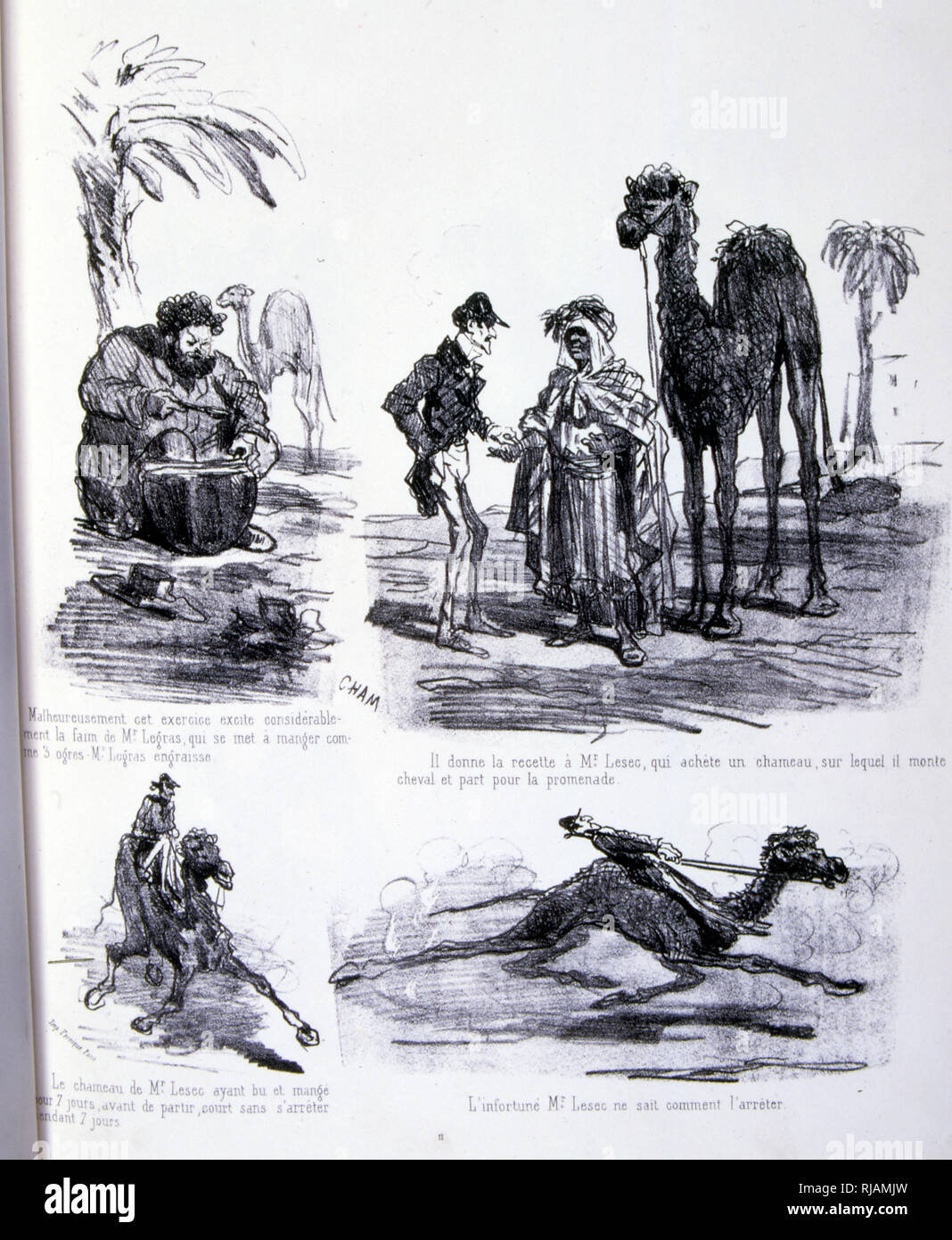 Series of lithograph illustrations of daily life in 19th century France by Amedee-Charles-Henri de Noe, (1819-79, illustrator). from L'Art d'engraisser et de maigrir a Volonte (The Art of fattening and losing weight). 1860 Stock Photo