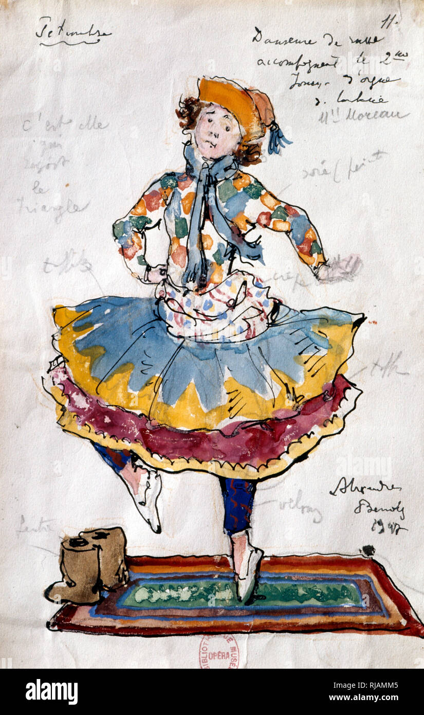 Costume design by Benois, for the Russian Ballet 'Petrushka' 1910-11. The Ballet was composed by Igor Stravinsky. Michel Fokine choreographed the ballet; Benois designed the sets and costumes. Petrushka was first performed by Sergei Diaghilev's Ballets Russes at the Theatre du Chatelet in Paris on 13 June 1911. Alexandre Nikolayevich Benois (1870 -  1960) was a Russian artist, art critic, historian, preservationist, and founding member of Mir iskusstva (World of Art), an art movement and magazine. Stock Photo