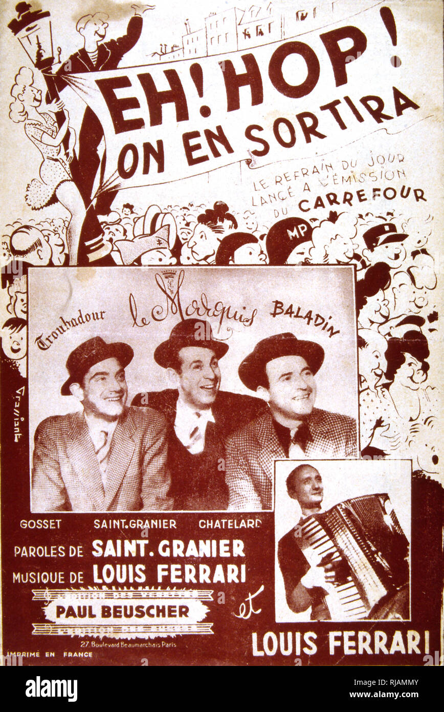 Songbook cover for 'Eh! Hop! On en sortira' a French song by Saint-Granier - Louis Ferrari. 1946 Stock Photo