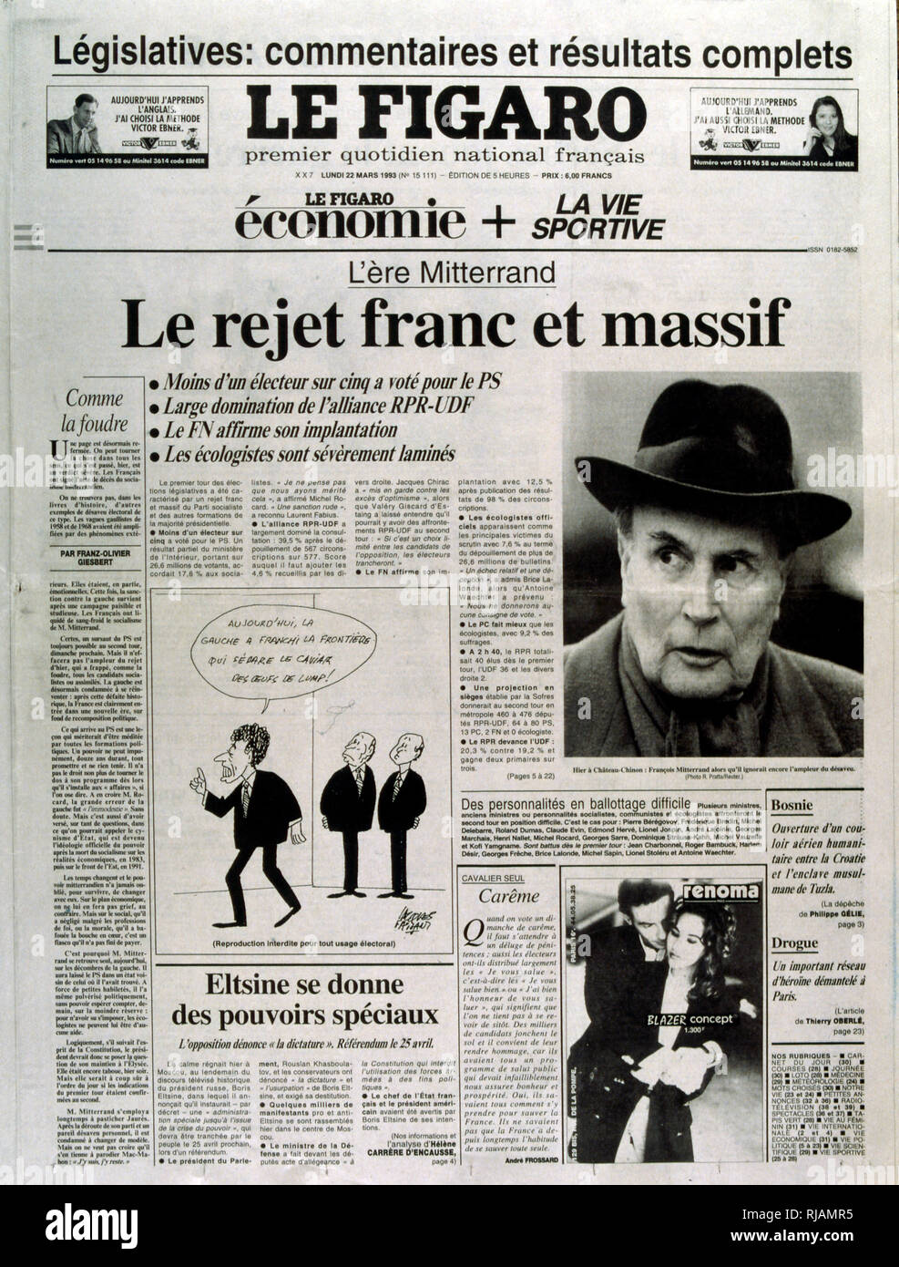 In the first round of the 1993 elections, French voters reject the Socialist Party of Francois Mitterrand, President of France from 1981 to 1995. Report in 'Le Figaro' 22nd March 1993. Stock Photo