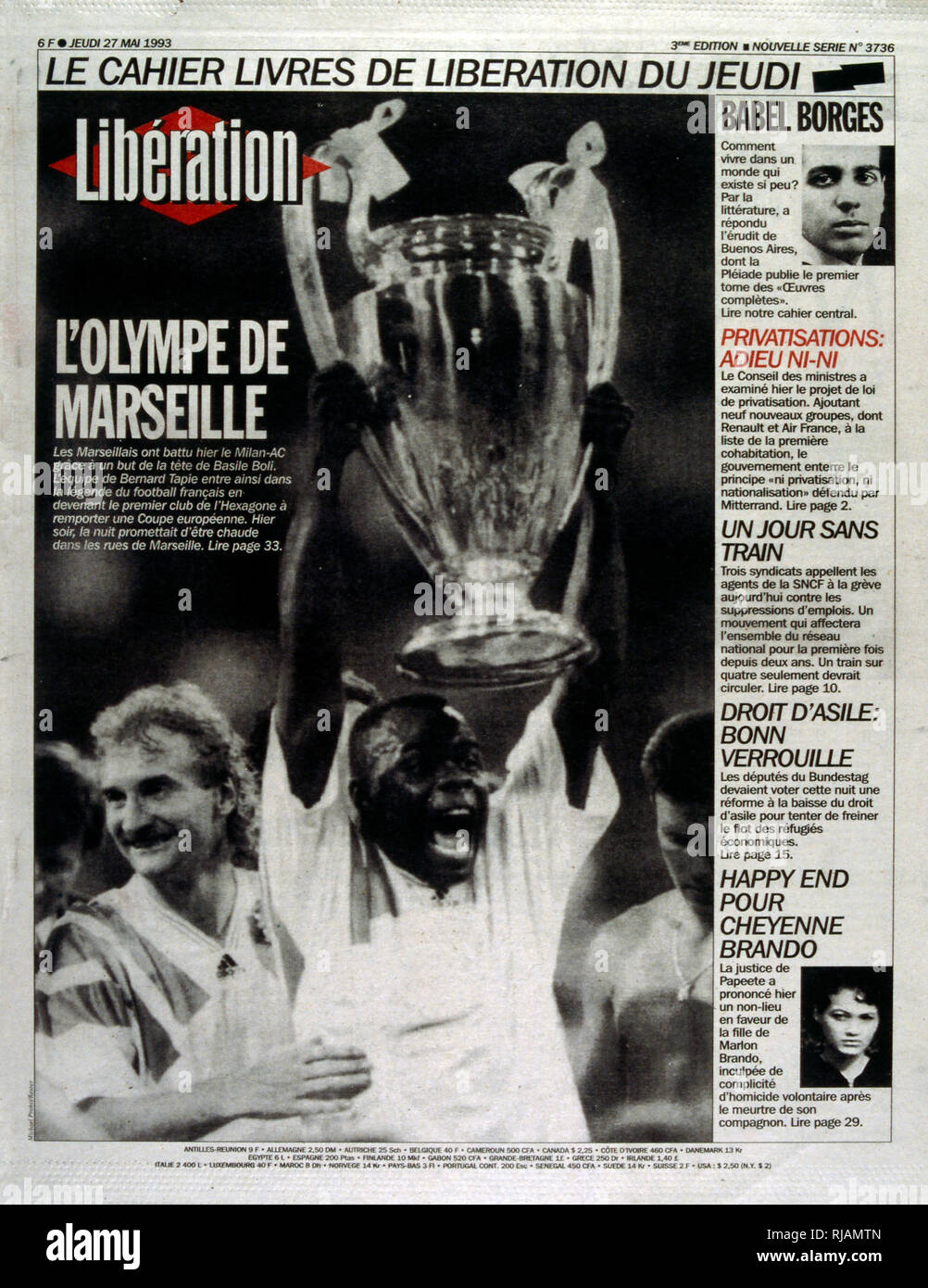 French publication 'Liberation' reporting the Marseilles Football club winning the UEFA Champions League in 1993. The highlight of the Marseilles football club's history was winning the new format UEFA Champions League in 1993. Basile Boli scored the only goal against Italy's Milan in the final held in Munich's Olympic Stadium. This triumph, however, was followed by a decade of decline. In 1994, due to financial irregularities and a match fixing scandal involving then president Bernard Tapie Stock Photo