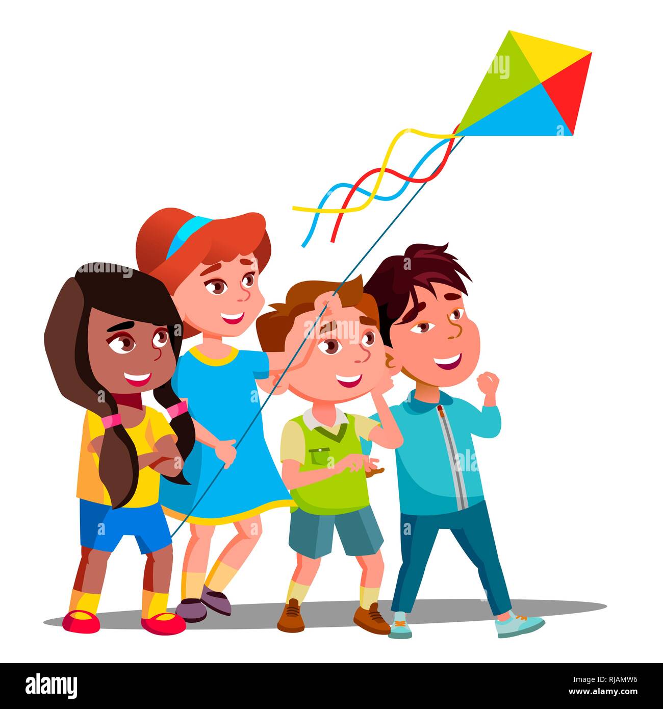 Multinational Children Flying Multi-Colored Kite Into The Sky Vector. Isolated Illustration Stock Vector