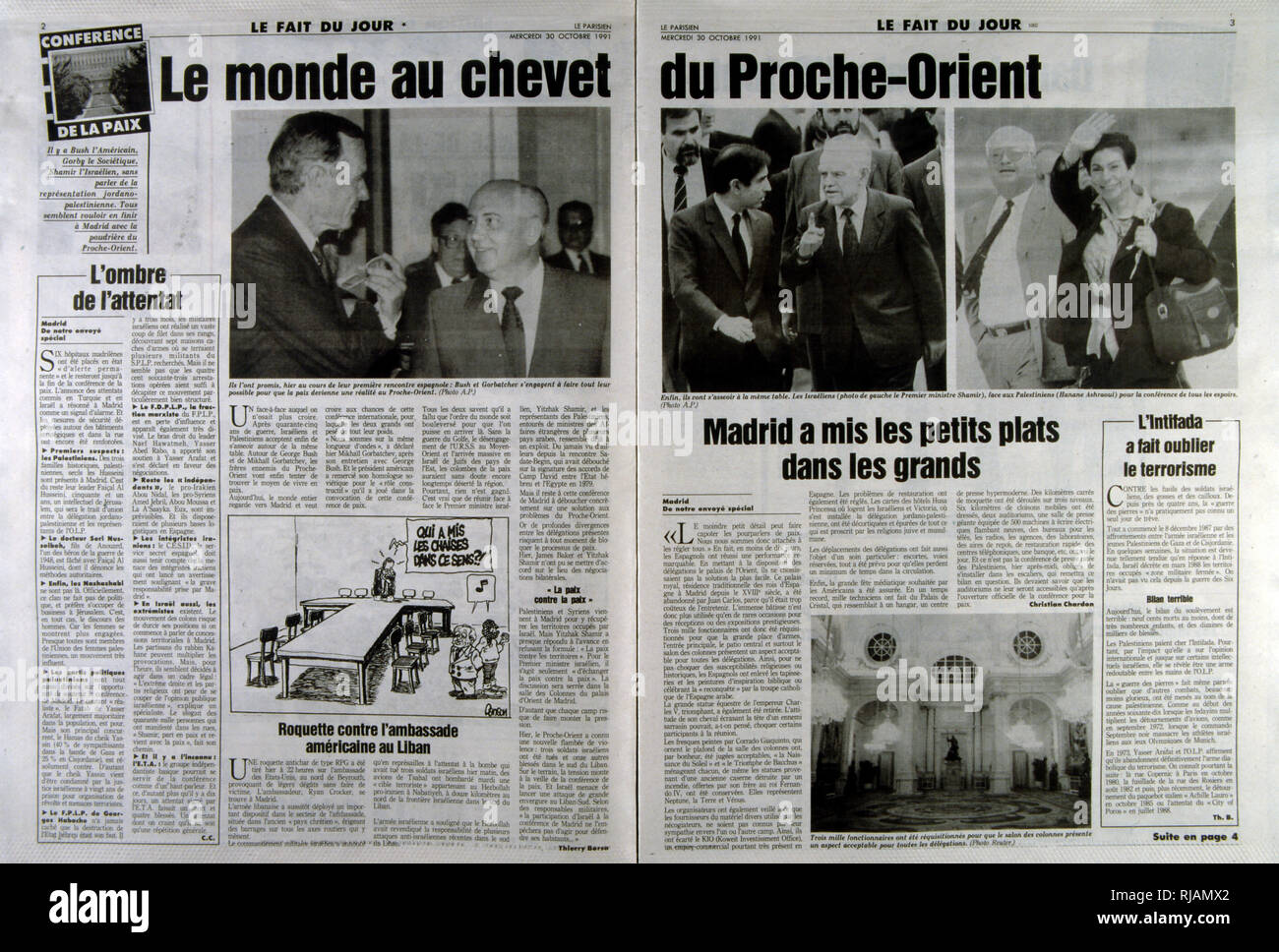 French publication 'Le Parisien' reporting on the Madrid Conference;  a peace conference, held from 30 October to 1 November 1991 in Madrid, hosted by Spain and co-sponsored by the United States and the Soviet Union. It was an attempt by the international community to revive the Israeli-Palestinian peace process through negotiations, involving Israel and the Palestinians as well as Arab countries, including Jordan, Lebanon and Syria. President Bush, Gorbachev; Prime Minister Shamir and Palestinian negotiator Hanan Ashrwawi are featured. Stock Photo