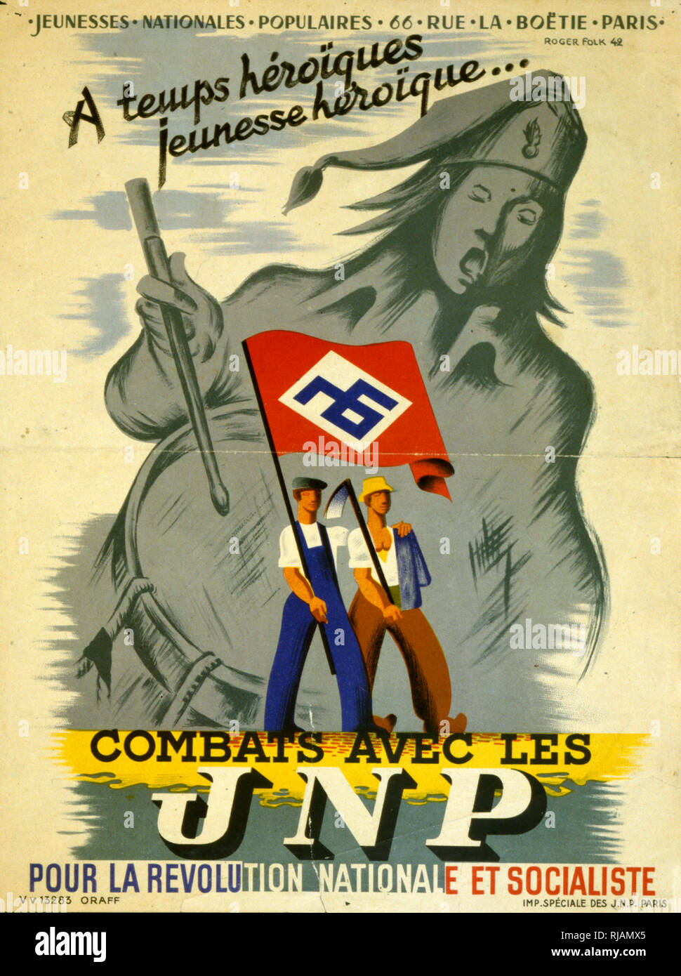 Propaganda poster for the French, Jeunesse Populaire Francaise,  a fascist youth movement created by Jacques Doriot and connected to his Parti Populaire Francais. It was established in October 1941 under the name l'Union de la Jeunesse Populaire Francaise (L'UJPF, The Union Of The French Popular Youth) and renamed to JPF in May 1942 when it merged with other smaller youth organizations Stock Photo