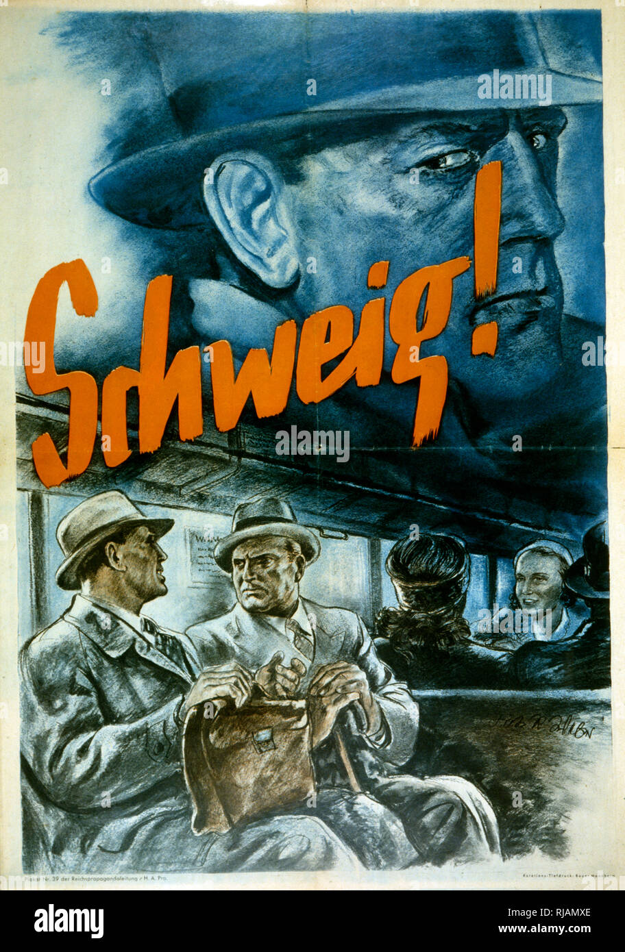 World War Two Nazi propaganda poster calling for silence to avoid giving information to spies. Stock Photo