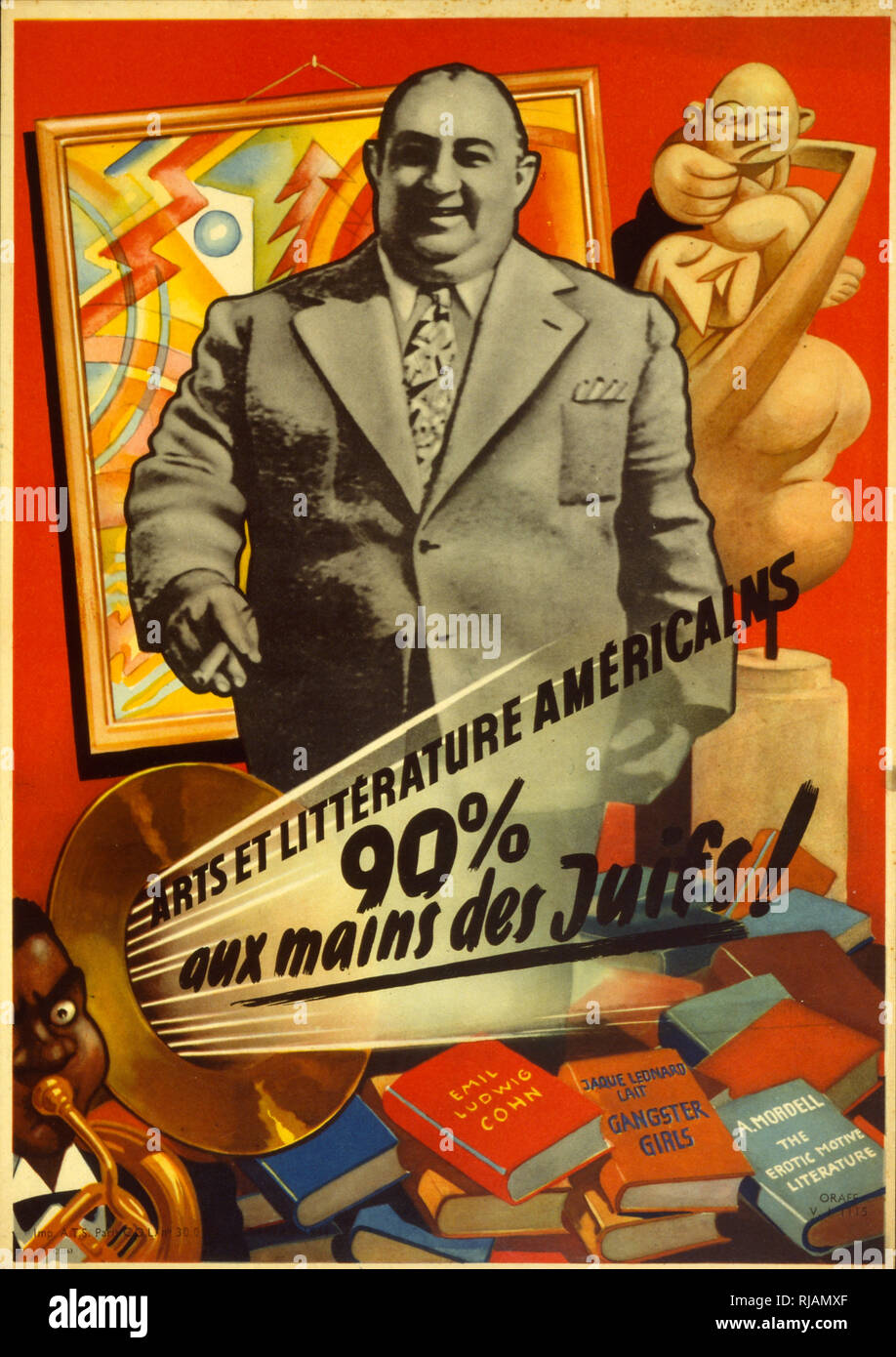 World War Two Nazi propaganda poster for occupied France. Declaring that 90% of the American press is controlled by Jews Stock Photo