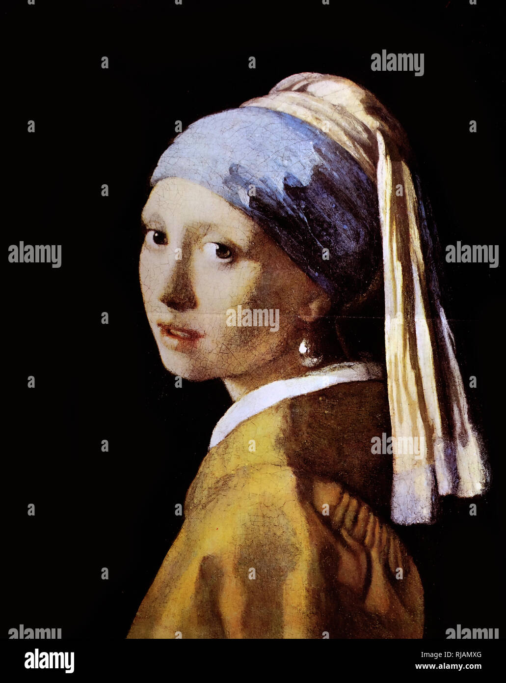 Girl with a Pearl Earring by Johannes Vermeer. c. 1665. Oil on canvas. Girl with a Pearl Earring is an oil painting by Dutch Golden Age painter Johannes Vermeer. It is a tronie of a girl wearing a headscarf and a pearl earring. Stock Photo
