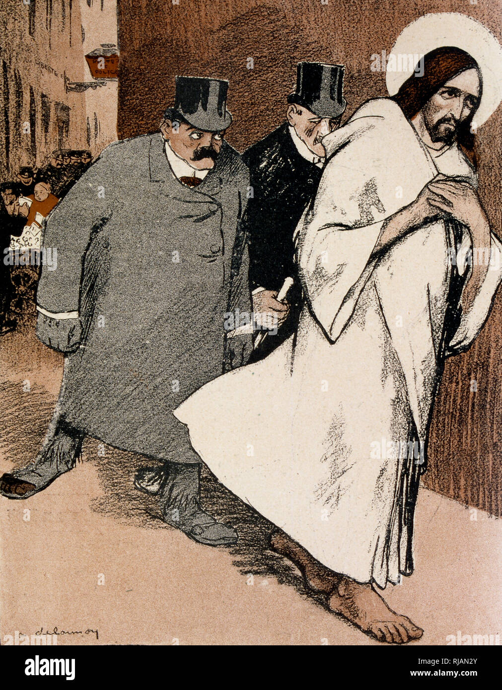 Caricature in L'Assiette du Beurre, 1904, depicting Jesus being pursued by representatives of the ruling classes in France Stock Photo