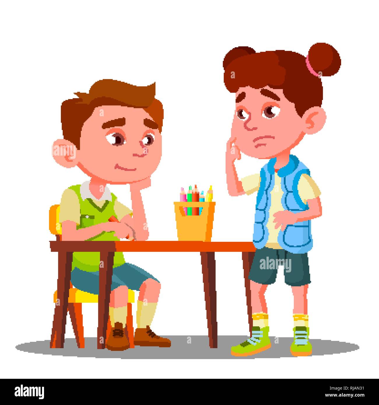 Boy Drawing With Colored Pencils And Offended Girl Stands Next To Him ...