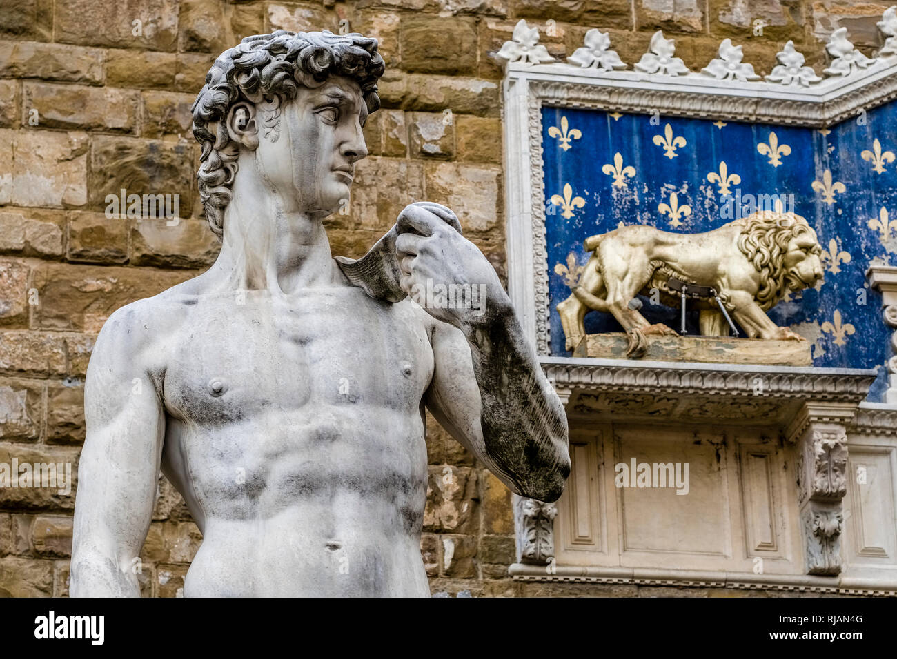 A copy statue of Michelangelo's David at the entrance of the Palazzo Vecchio Stock Photo