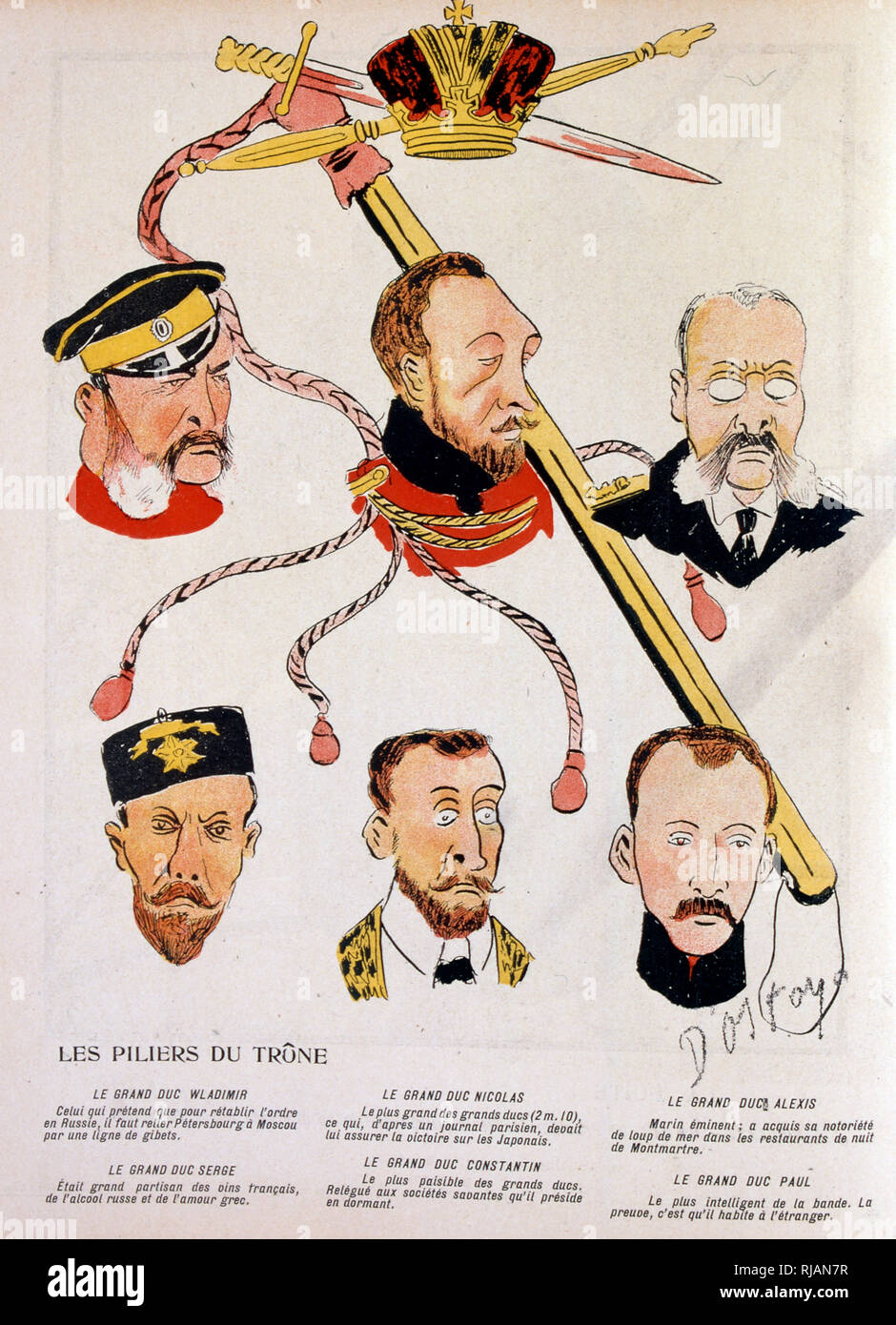 French illustration, characterising the imperial leadership of Russia. Portraits include Grand Dukes, Vladimir, Serge, Nicolas, Alexis, Constatin and Paul. 1904 Stock Photo