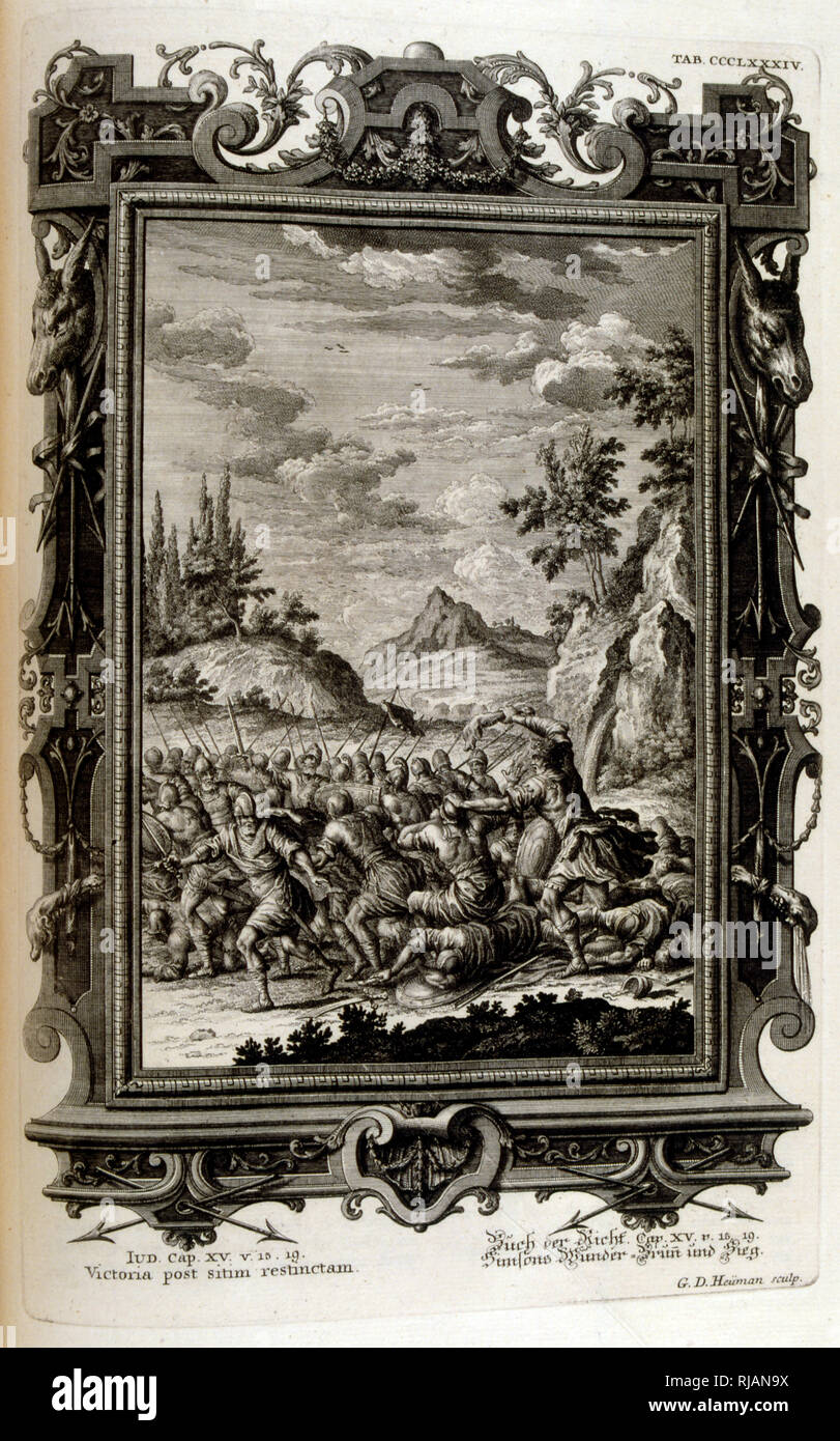 Samson slaying the Philistines; Illustration from Physique sacree, ou Histoire-naturelle de la Bible, 1732-1737, by Johann Jakob Scheuchzer (1672 - 1733), a Swiss scholar born at Zurich Stock Photo