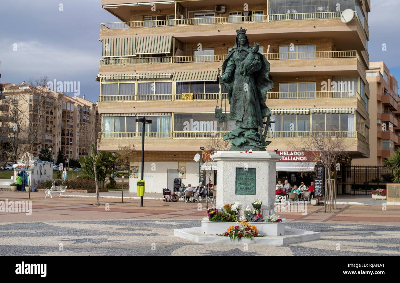 Fuengirola, Spain. Statue of Salve Estrella de Los Mares, (Hail Star of the Sea) on the seafront in Fuengirola. Spain. Stock Photo
