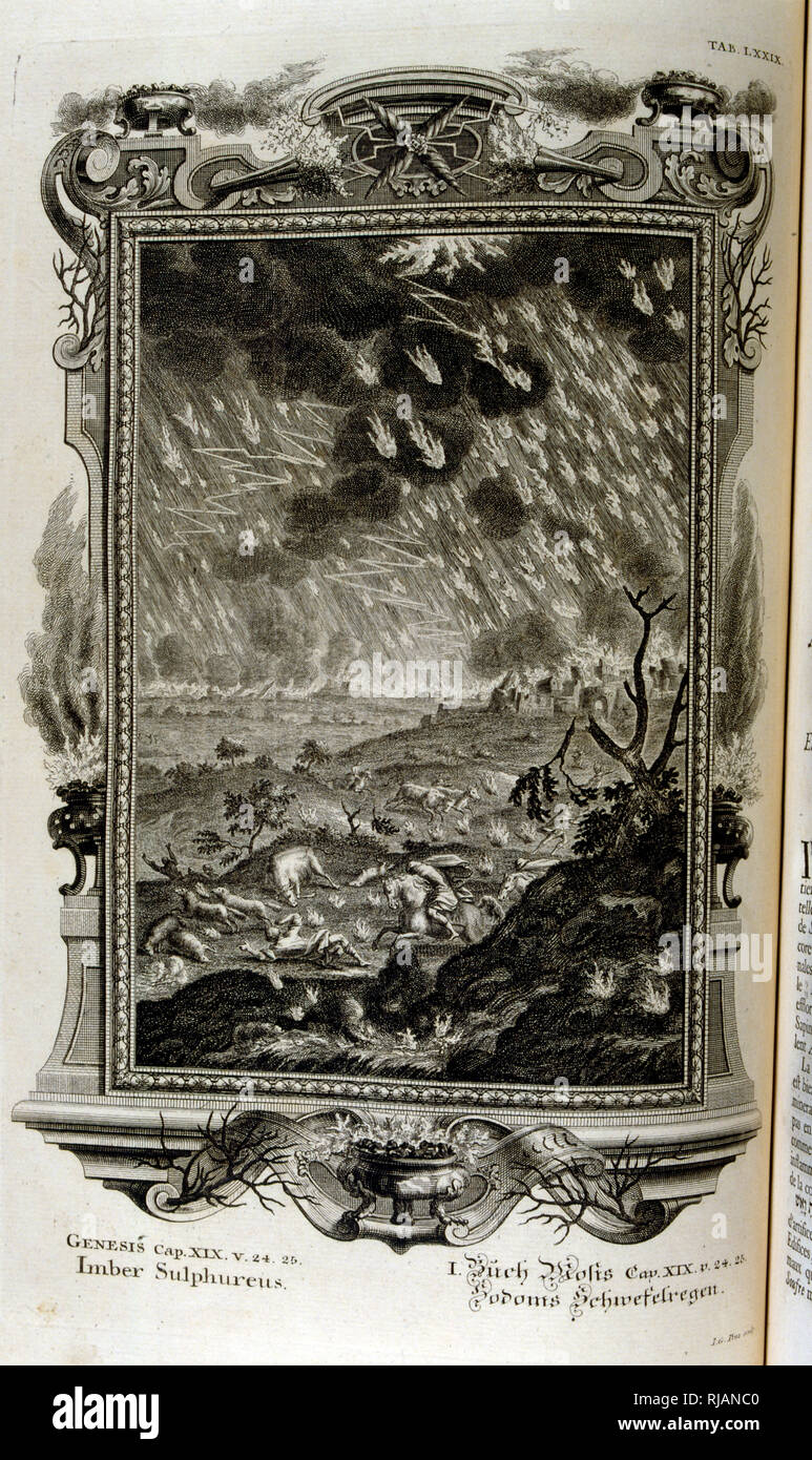 Divine judgment by God was passed upon Sodom and Gomorrah and two neighbouring cities, which were completely consumed by fire and brimstone.  From Physique sacree, ou Histoire-naturelle de la Bible, 1732-1737, by Johann Jakob Scheuchzer (1672 - 1733), a Swiss scholar born at Zurich Stock Photo