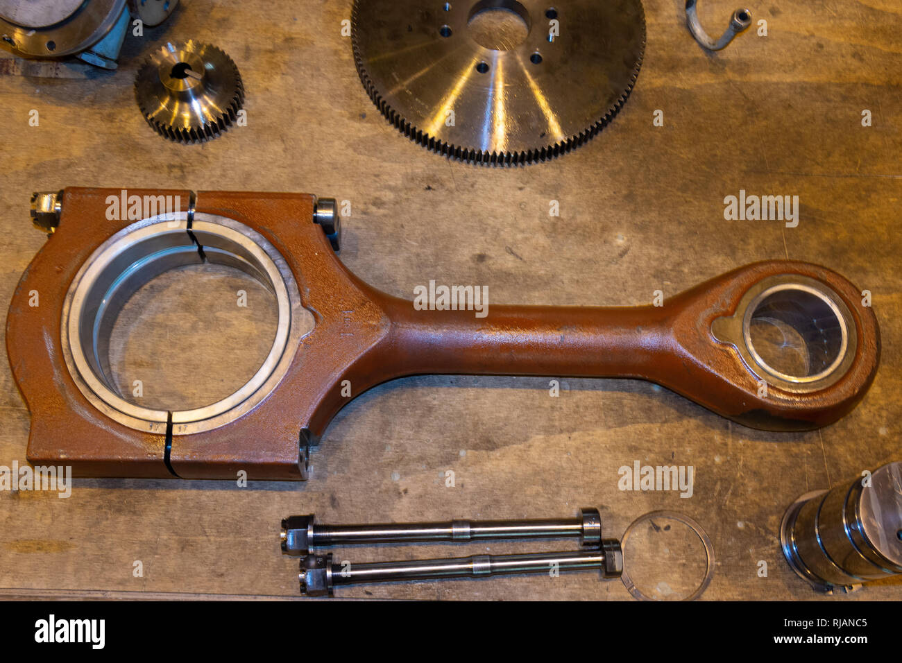 Heavy industrial connecting rod in repair, normally in use for energy supply Stock Photo