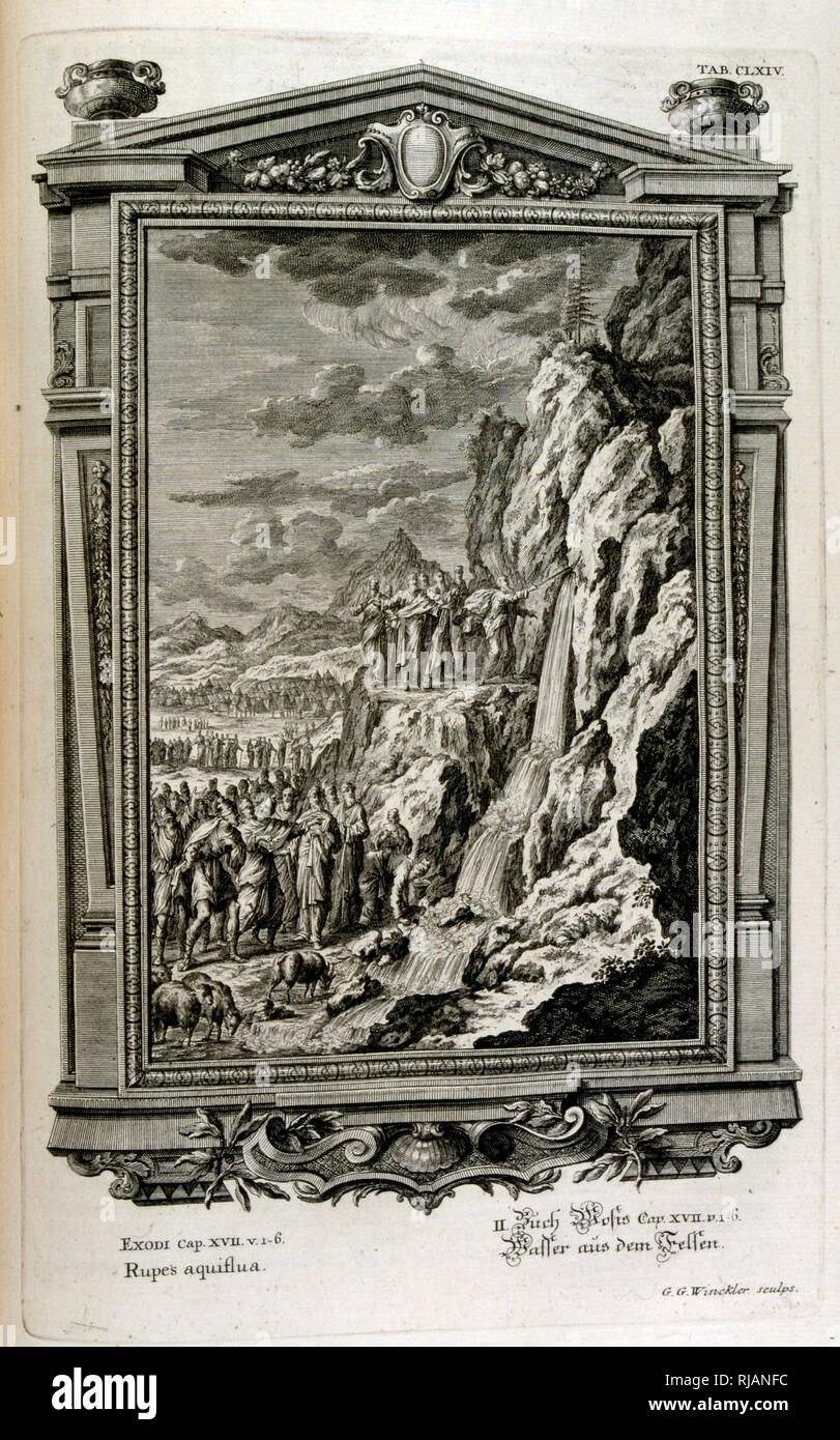 Moses makes water come from a rock, when the Israelites fled into Sinai, Exodus from Egypt. From Physique sacree, ou Histoire-naturelle de la Bible, 1732-1737, by Johann Jakob Scheuchzer (1672 - 1733), a Swiss scholar born at Zurich Stock Photo