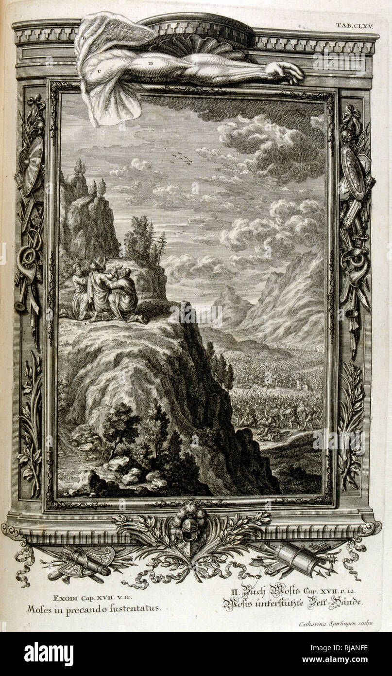 Aaron and Hur support the hand of Moses on Sinai, when the Israelites fled into Sinai, Exodus from Egypt. From Physique sacree, ou Histoire-naturelle de la Bible, 1732-1737, by Johann Jakob Scheuchzer (1672 - 1733), a Swiss scholar born at Zurich Stock Photo
