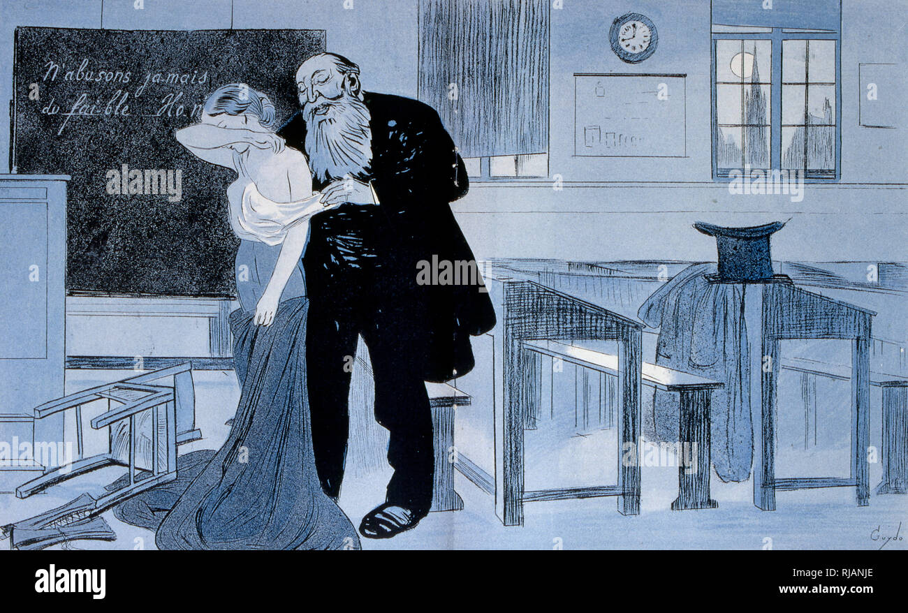 A lecherous school inspector undresses a young female teacher in a class. 19th century France. French illustration 1890 Stock Photo