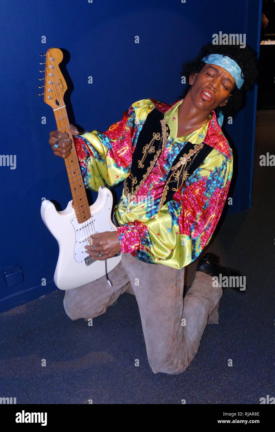 Waxwork statue of Jimi Hendrix (1942 – 1970), an American rock guitarist, singer, and songwriter. Stock Photo