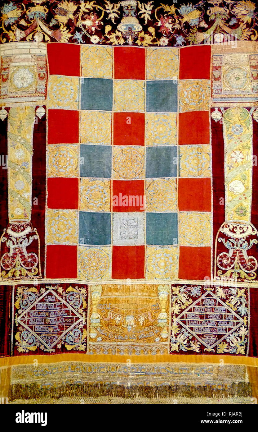 Embroidered Parokhet from the Altneushul in Prague, Czech Republic. Patchwork embroidery depicting an Ark of the Law with a Torah curtain. By Solomon Gold, 1592. The parochet (curtain or screen) covers the Aron Kodesh (Torah Ark) containing the Sifrei Torah (Torah scrolls) in a synagogue. Stock Photo