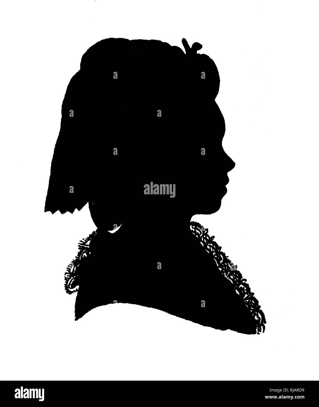 Silhouette depicting Anna Barbara von Molk (1752–1823), daughter of Court Chancellor Felix von Molk.  Mozart was in love with her. Wolfgang Amadeus Mozart (1756 – 1791), was a prolific and influential composer of the Classical era. Stock Photo