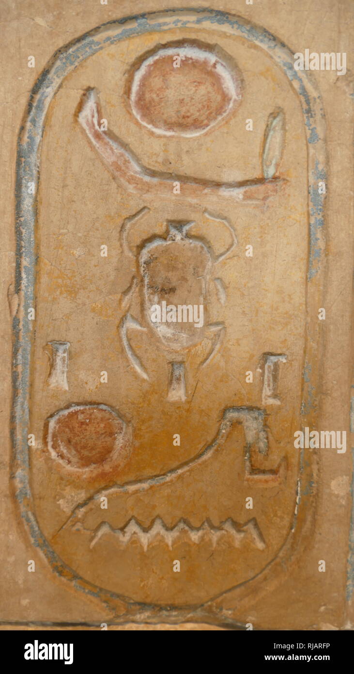 Cartouche from the limestone, king-list, comprising 34 names. 19th Dynasty, 1250BC (c.) from the Temple of Ramses II at Abydos. The Abydos King List, also known as the Abydos Table, is a list of the names of seventy-six kings of Ancient Egypt, found on a wall of the Temple of Seti I at Abydos, Egypt. It consists of three rows of thirty-eight cartouches (borders enclosing the name of a king) in each row. Stock Photo