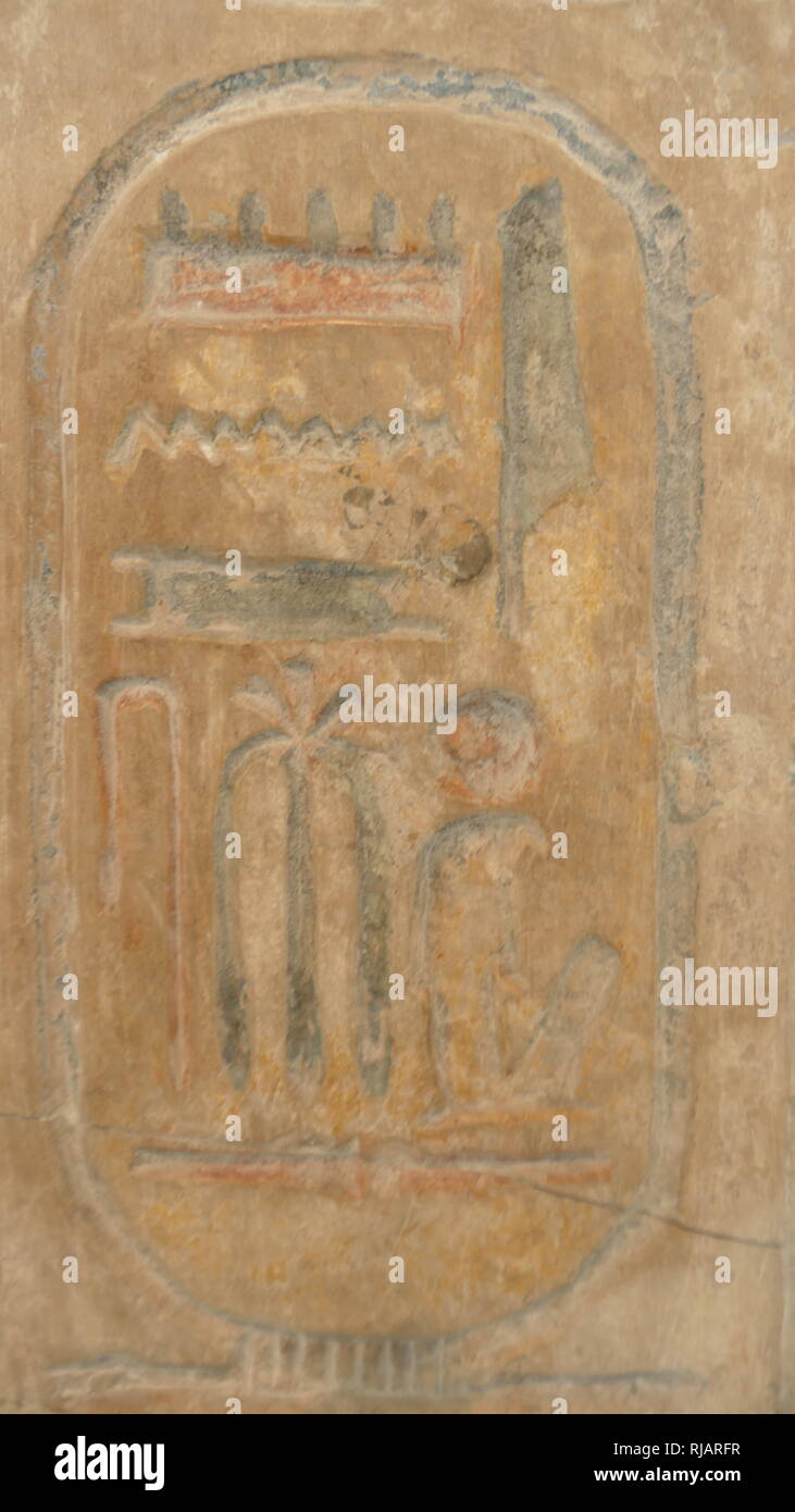 Cartouche from the limestone, king-list, comprising 34 names. 19th Dynasty, 1250BC (c.) from the Temple of Ramses II at Abydos. The Abydos King List, also known as the Abydos Table, is a list of the names of seventy-six kings of Ancient Egypt, found on a wall of the Temple of Seti I at Abydos, Egypt. It consists of three rows of thirty-eight cartouches (borders enclosing the name of a king) in each row. Stock Photo