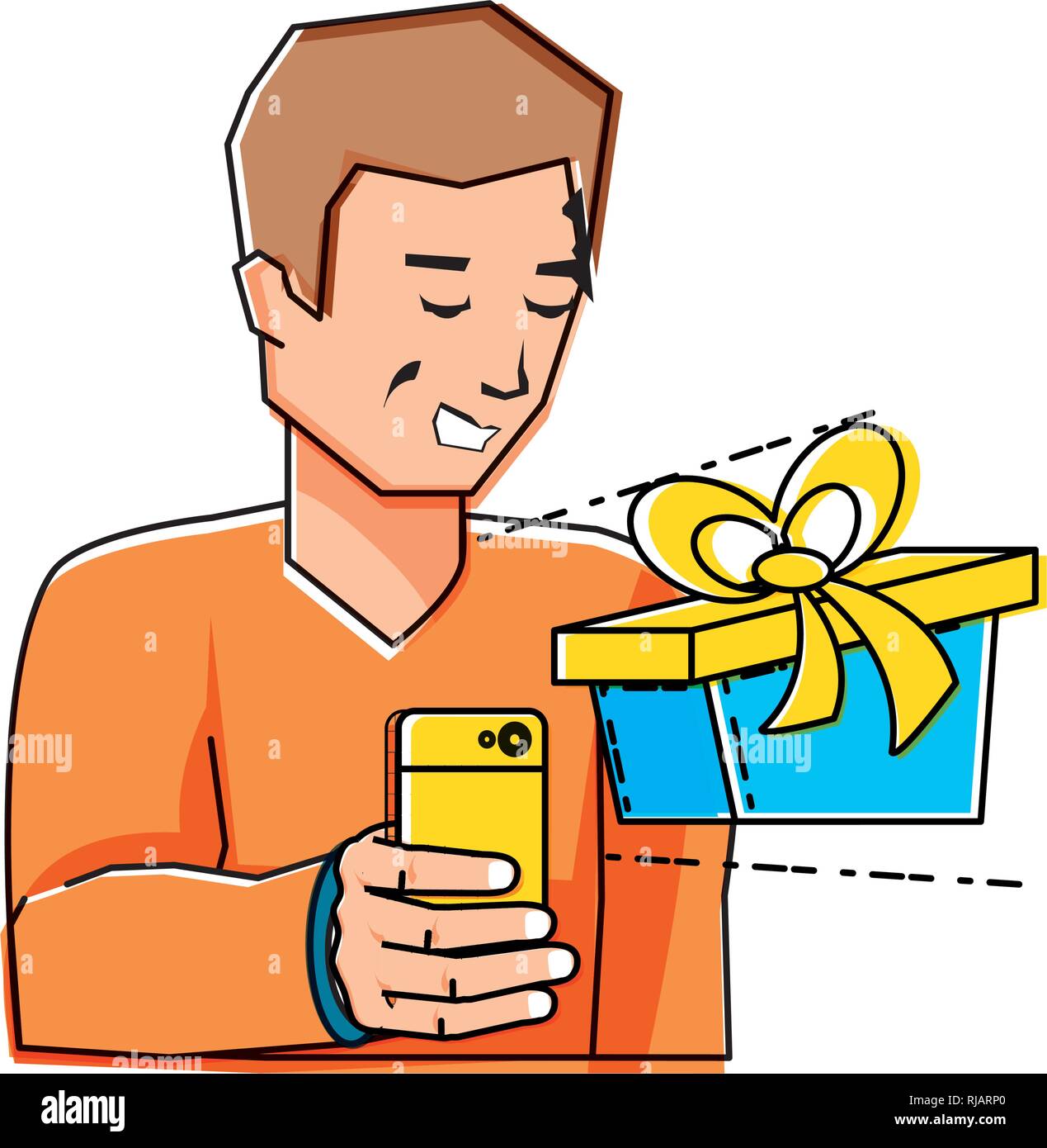 young man using smartphone with gift vector illustration design Stock Vector