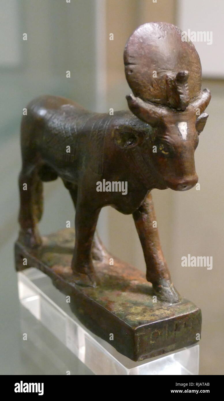 Greek Bronze statuette, of an Egyptian Apis Bull. Found in the Nile Delta 500 BC. In Egyptian mythology, Apis or Hapis was a sacred bull worshipped in the Memphis region. Identified as the son of Hathor, a primary deity in the pantheon of Ancient Egypt. Stock Photo