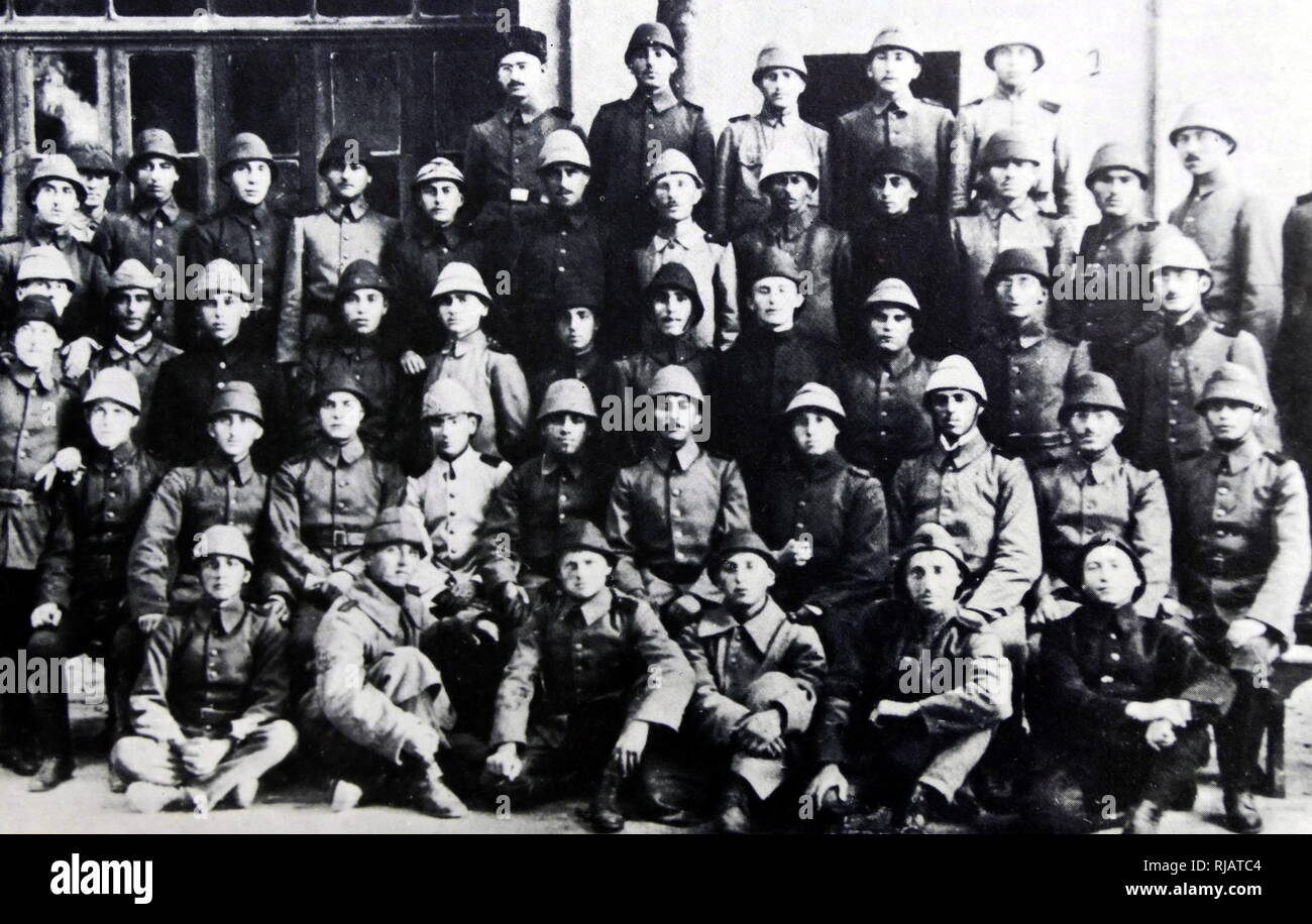 Palestinian Jewish students of the Gymnasia Herzliya, graduate as soldiers in the Ottoman Turkish army in 1914. The Herzliya Hebrew Gymnasium (Gymnasia Herzliya), is a historic high school in Tel Aviv, Israel. The school was founded in 1905 in Ottoman-controlled Jaffa. Gymnasia Herzliya was the country's first Hebrew high school. Stock Photo