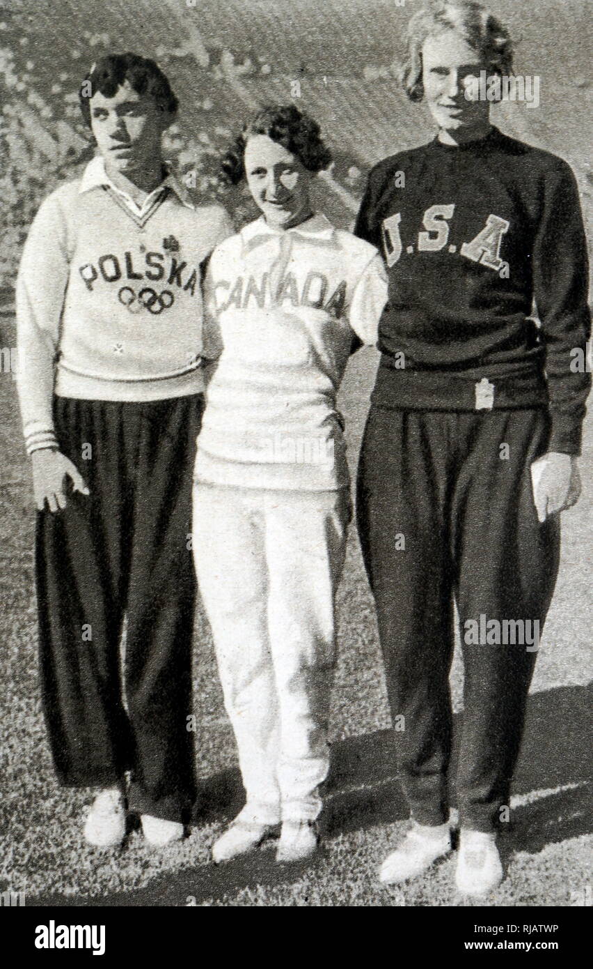 Photograph of the four fastest women in the world at the 100 meter race during the 1932 Olympic games. (Left to right) Stanisława Walasiewicz 'Stella Walsh' (1911- 1980) Gold. Hilda H. Strike (1910 - 1989) Silver. Wilhelmina 'Billie' von Bremen (1909 - 1976) Bronze. Stock Photo