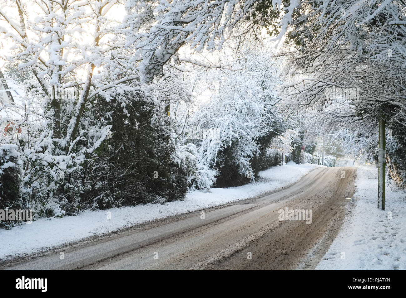 Lymington Bottom Road covered in thick snow, Medstead, Alton, Hampshire
