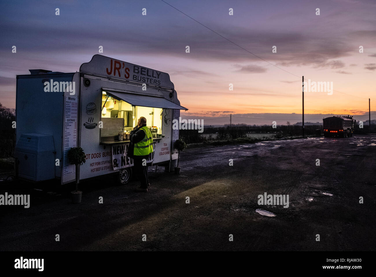 Sunrise and burger van, Near Rempstone, Leicestershire Stock Photo