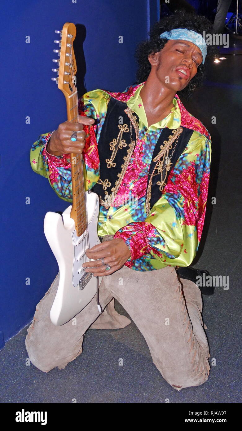 Waxwork statue of Jimi Hendrix (1942 – 1970), an American rock guitarist, singer, and songwriter. Stock Photo