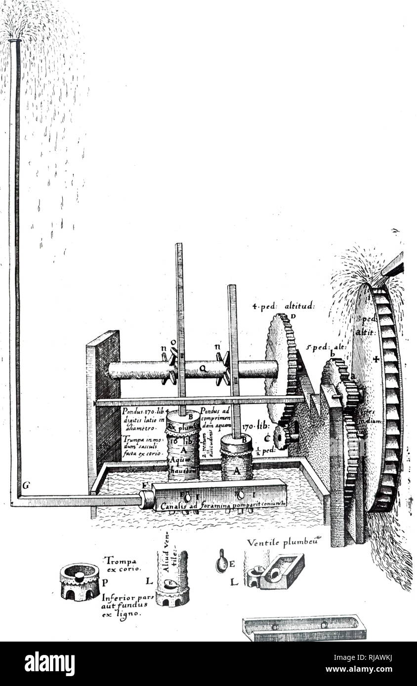 An engraving depicting the mechanism of a fountain powered by an overshot water wheel. Dated